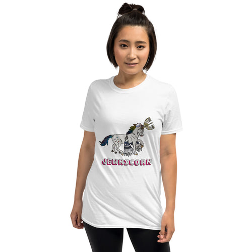 A white t-shirt of a gray horse with a menorah sticking out of its forehead and the text 