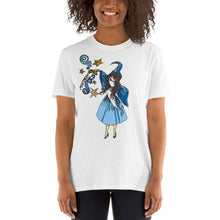 Load image into Gallery viewer, A white Gerlin (Girl Merlin) tee from Real Unicorn Apparel being worn by an attractive young woman with curly hair. 
