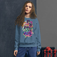 Load image into Gallery viewer, An indigo blue Real Unicorn Unisex Sweatshirt from Real Unicorn Apparel. The sweatshirt has a prominently displayed magical unicorn on it and the word &quot;REAL&quot; below the unicorn.

