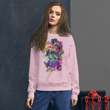 Load image into Gallery viewer, A female model wearing a feminine Real Unicorn Unisex Sweatshirt from Real Unicorn Apparel. The shirt has a unicorn and the word &quot;REAL&quot; on it for an edgy look.
