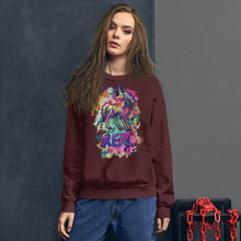 Load image into Gallery viewer, A woman in her twenties with long dirty blonde hair dressed in a Real Unicorn Unisex Sweatshirt from quirky fashion brand Real Unicorn Apparel.
