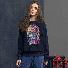 Load image into Gallery viewer, An attractive woman wearing a navy-colored Real Unicorn Unisex Sweatshirt from Real Unicorn Apparel and a pair of blue jeans. Some orange chains are to the side of her right hip.
