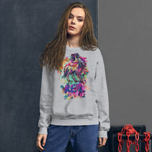Load image into Gallery viewer, A grey sweatshirt made by Real Unicorn Apparel that has a mystical unicorn on it that&#39;s engulfed in a ball of color. 
