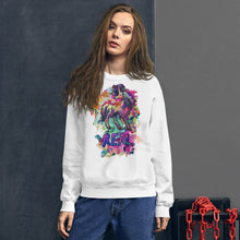 Load image into Gallery viewer, A beautiful model adorned in a white Real Unicorn Unisex Sweatshirt from Real Unicorn Apparel. Designed by artist Lauren Rubin.

