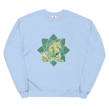 Load image into Gallery viewer, A light blue sweatshirt with unicorn symbolism from Real Unicorn Apparel. It features a unicorn on a geometric cannabis leaf and is a part of their stoner clothing collection.
