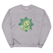 Load image into Gallery viewer, Real Unicorn Apparel&#39;s light steel-colored sweatshirt from their stoner clothing collection. It features unicorn symbolism and a marijuana leaf that is heavily stylized for an artful effect.
