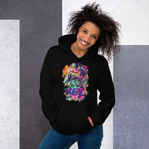 A beautiful Black woman modeling a Real Unicorn Unisex Hoodie from Real Unicorn Apparel. 