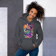 Load image into Gallery viewer, A model dressed in a Real Unicorn Unisex Hoodie from Real Unicorn Apparel. The hoodie showcases a unicorn from mythical folklore done in a dignified style.
