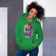 Load image into Gallery viewer, A gorgeous woman modeling a Real Unicorn Unisex Hoodie in the Irish green color. The hoodie is made by Real Unicorn Apparel, a fashion brand with an unorthodox, modern, playful aesthetic.
