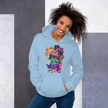 Load image into Gallery viewer, A light blue Real Unicorn Unisex Hoodie from Real Unicorn Apparel. There&#39;s the word &quot;REAL&quot; to signify authenticity and sass, and a unicorn drawn by Lauren Rubin.
