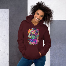 Load image into Gallery viewer, A maroon hoodie from Real Unicorn Apparel with a magical, majestic unicorn with its head turned backwards and the word &quot;REAL&quot; in large letters underneath.

