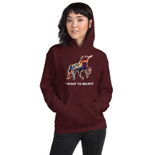 Load image into Gallery viewer, A maroon-colored hoodie with the phrase &quot;I want to believe&quot; and a rainbow unicorn on it. Made by Real Unicorn Apparel and worn by a female model.
