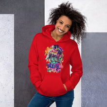 Load image into Gallery viewer, A red &quot;Real Unicorn&quot; Unisex Hoodie from Real Unicorn Apparel. The hoodie features a mythological unicorn drawn by artist Lauren Rubin and the word &quot;REAL&quot; for a touch of sass.
