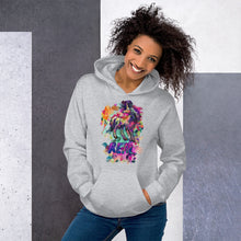 Load image into Gallery viewer, A grey hoodie with a magical unicorn on it and the word &quot;REAL&quot; in purple letters worn by a very attractive African-American woman with a beautiful smile.
