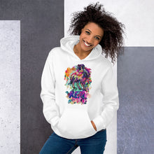 Load image into Gallery viewer, A white Real Unicorn Unisex Hoodie from Real Unicorn Apparel that has a unicorn in a plethora of color and the word &quot;REAL&quot; in block letters below the magical, mythical creature.
