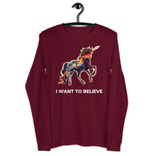 Load image into Gallery viewer, The front of a maroon-colored long-sleeve tee from Real Unicorn Apparel&#39;s &quot;I Want To Believe&quot; collection. It features a stunning, artistic depiction of a unicorn in a splash of colors.
