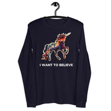 Load image into Gallery viewer, A navy-colored t-shirt from Real Unicorn Apparel with a rainbow-colored unicorn and the text &quot;I Want to Believe.&quot; 

