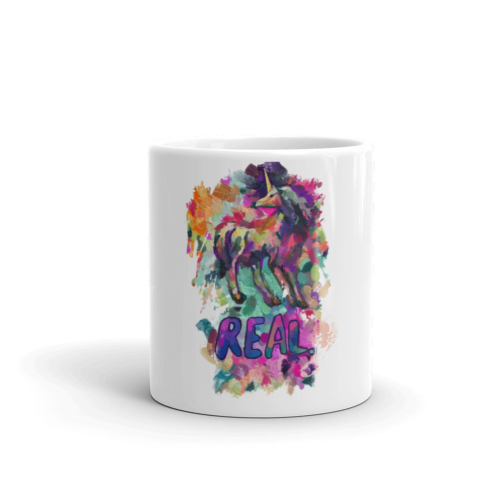 Real Unicorn Apparel's 11 oz. coffee mug of a magical, mythical unicorn with the word 
