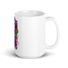 Load image into Gallery viewer, Side view of a 15 oz. &quot;Real Unicorn White Glossy Mug&quot; sold by Real Unicorn Apparel and designed by artist Lauren Rubin.
